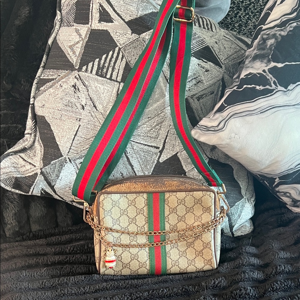 Gucci Beige Crossbody Bag with Green and Red Stripe